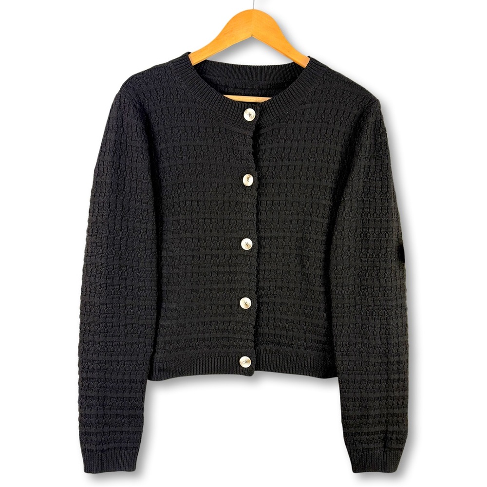 Classic Black Waffle Weave Button-Up Women's Cardigan Sweater